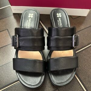 Naturalizer Black Leather Double-Strap Slide Sandals with Buckles